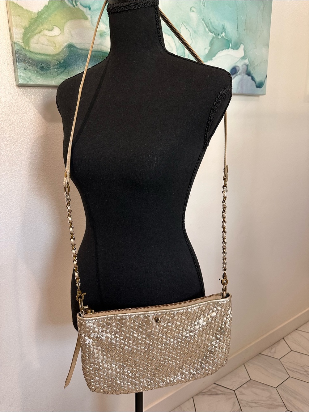 Elliot Lucca Woven Metallic Crossbody Bag in Champagne - Picture 1 of 8